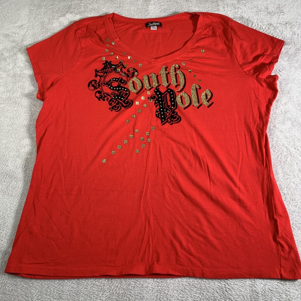 Southpole Shirt Womens 3X Red‎ V Neck South Pole Glitter Studded Graphic Tee